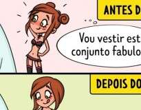 Quadrinhos retratando o amor antes e após os 30 anos de idade