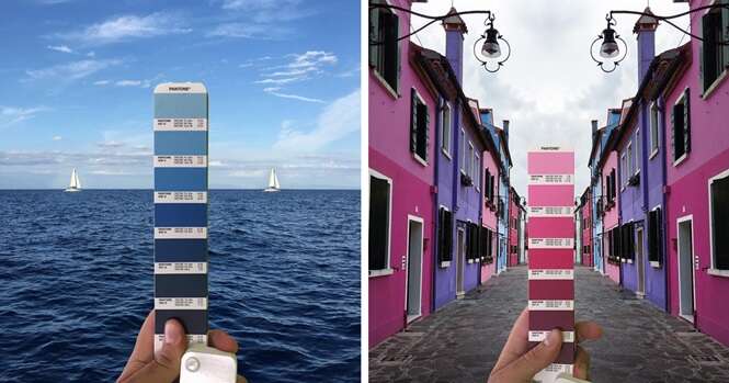 Designer gráfico combina perfeitamente cores da cartela Pantone com paisagens naturais e cidades