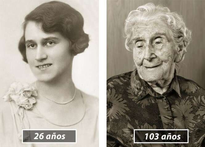 Fotos mostrando pessoas na juventude e aos 100 anos