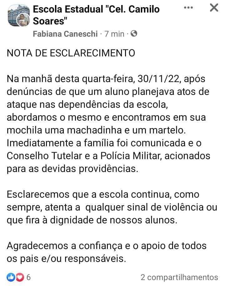 Nota de Esclarecimento da escola Camilo Soares