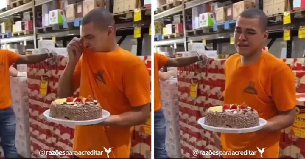 Jovem se emociona ao receber bolo de aniversário da empresa em que trabalha