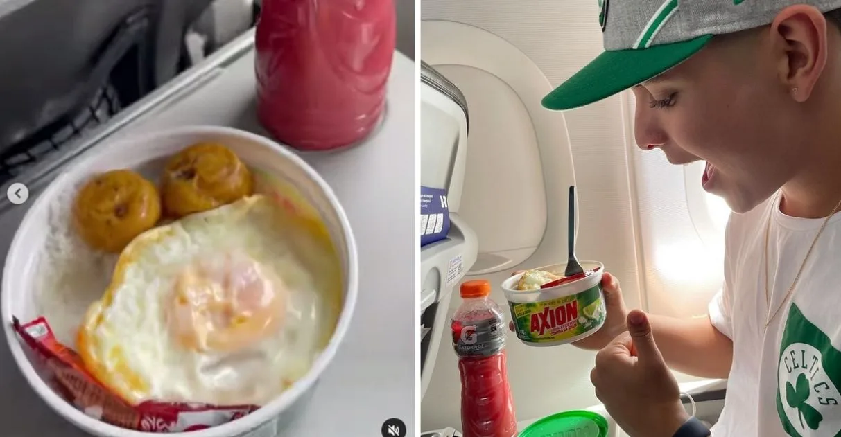 Jovem leva marmita de arroz com ovo feita pela mãe para comer durante viagem de avião